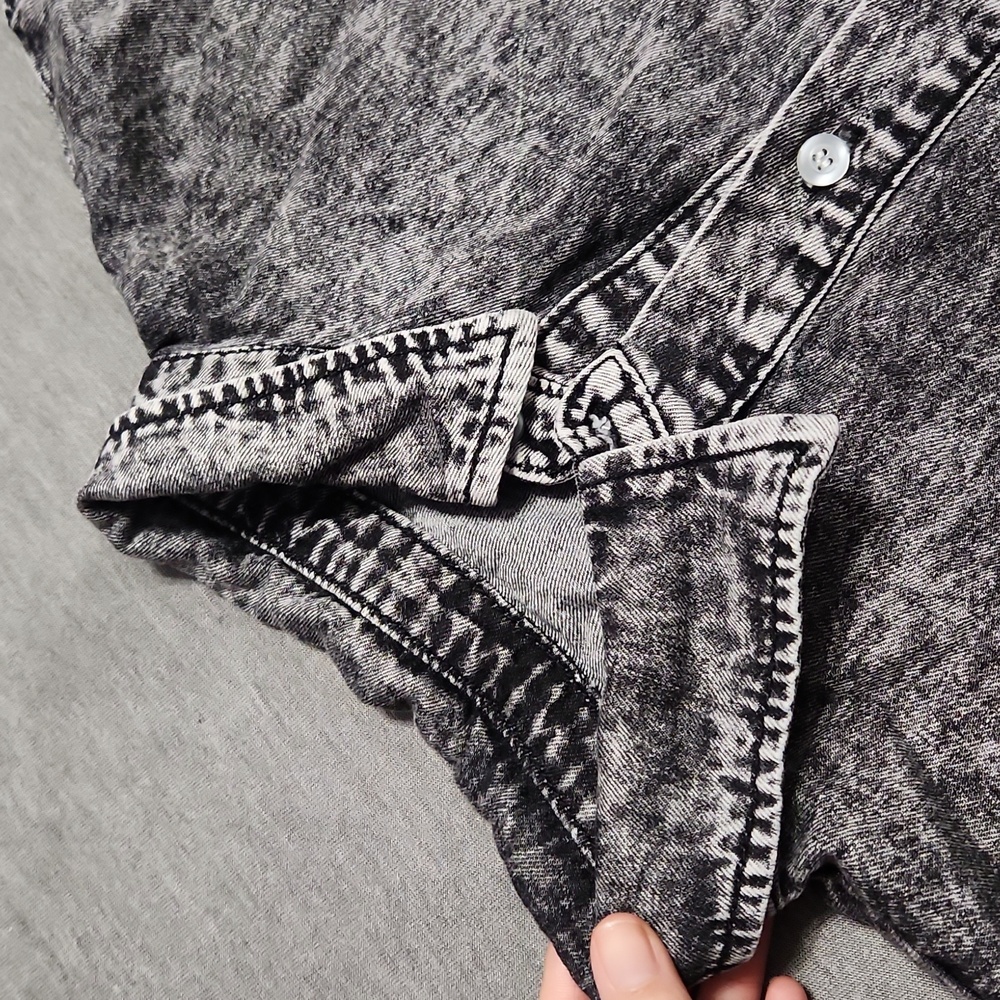 Vintage Acid Wash Black Gray Denim Button Down Collared Babydoll Mini Dress - Picture 11 of 14